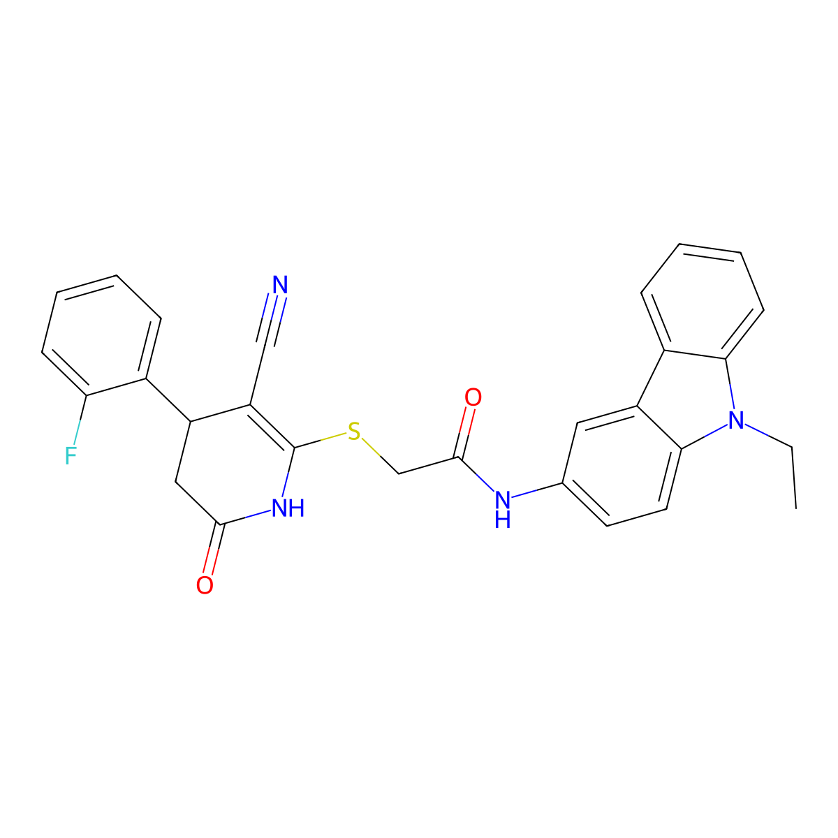 2-[[5-cyano-4-(2-fluorophenyl)-2-oxo-3,4-dihydro-1H-pyridin-6-yl]sulfanyl]-N-(9-ethylcarbazol-3-yl)acetamide molecular structure, CAS 684238-05-9