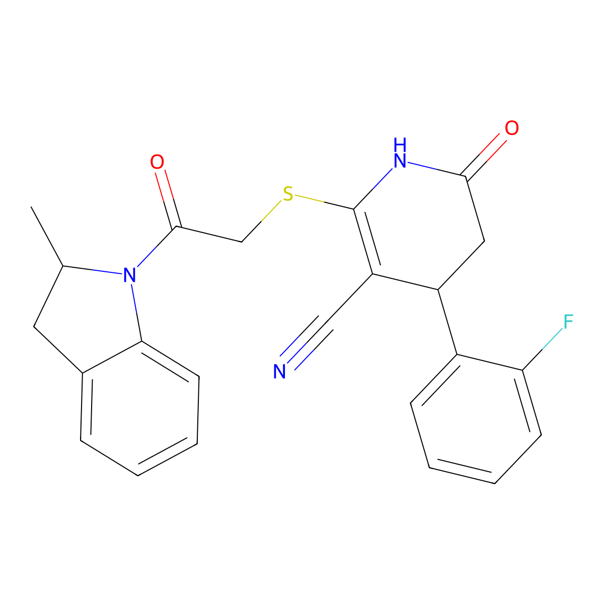 4-(2-fluorophenyl)-6-[2-(2-methyl-2,3-dihydroindol-1-yl)-2-oxoethyl]sulfanyl-2-oxo-3,4-dihydro-1H-pyridine-5-carbonitrile molecular structure, CAS 684238-06-0
