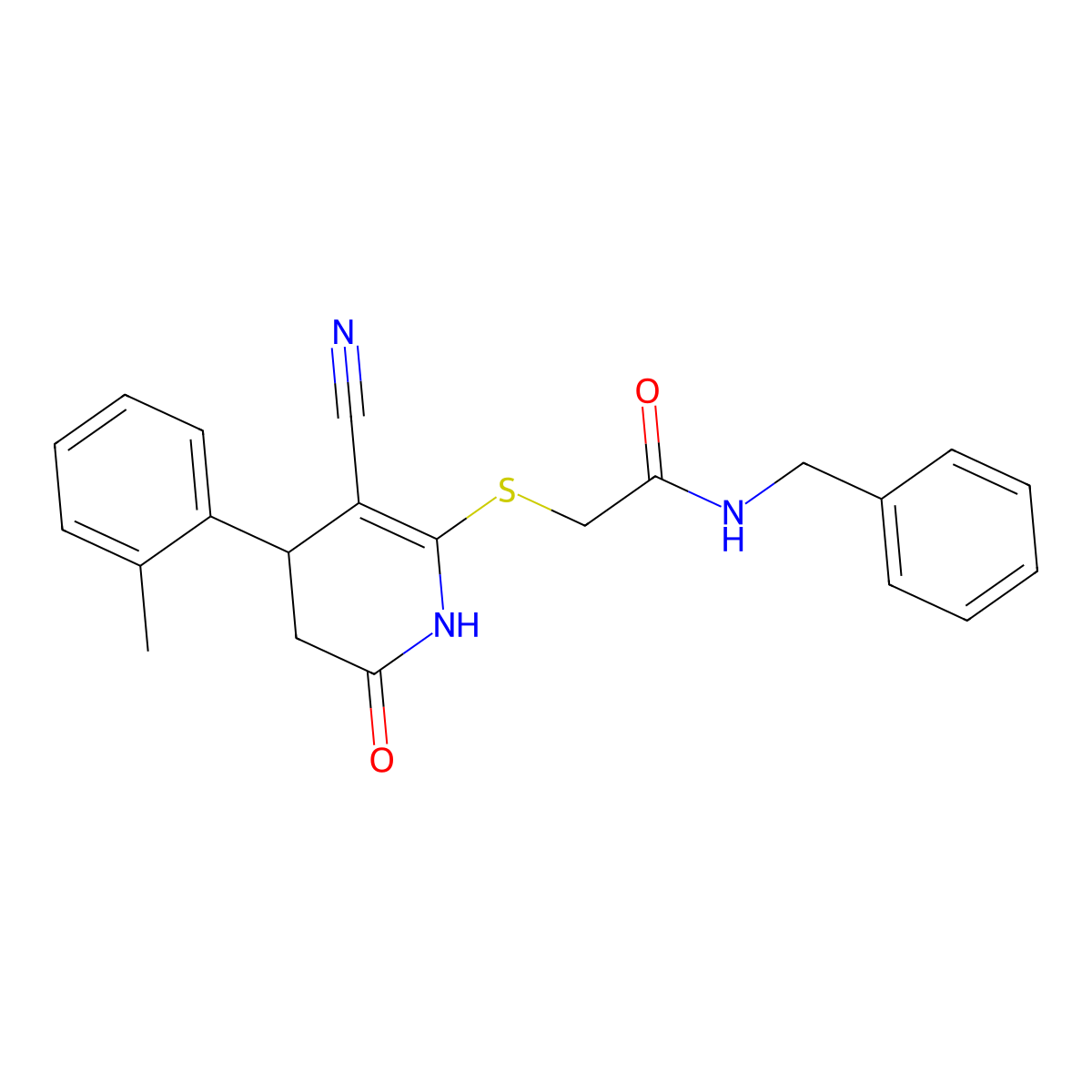 N-benzyl-2-((3-cyano-6-oxo-4-(o-tolyl)-1,4,5,6-tetrahydropyridin-2-yl)thio)acetamide molecular structure, CAS 684238-07-1