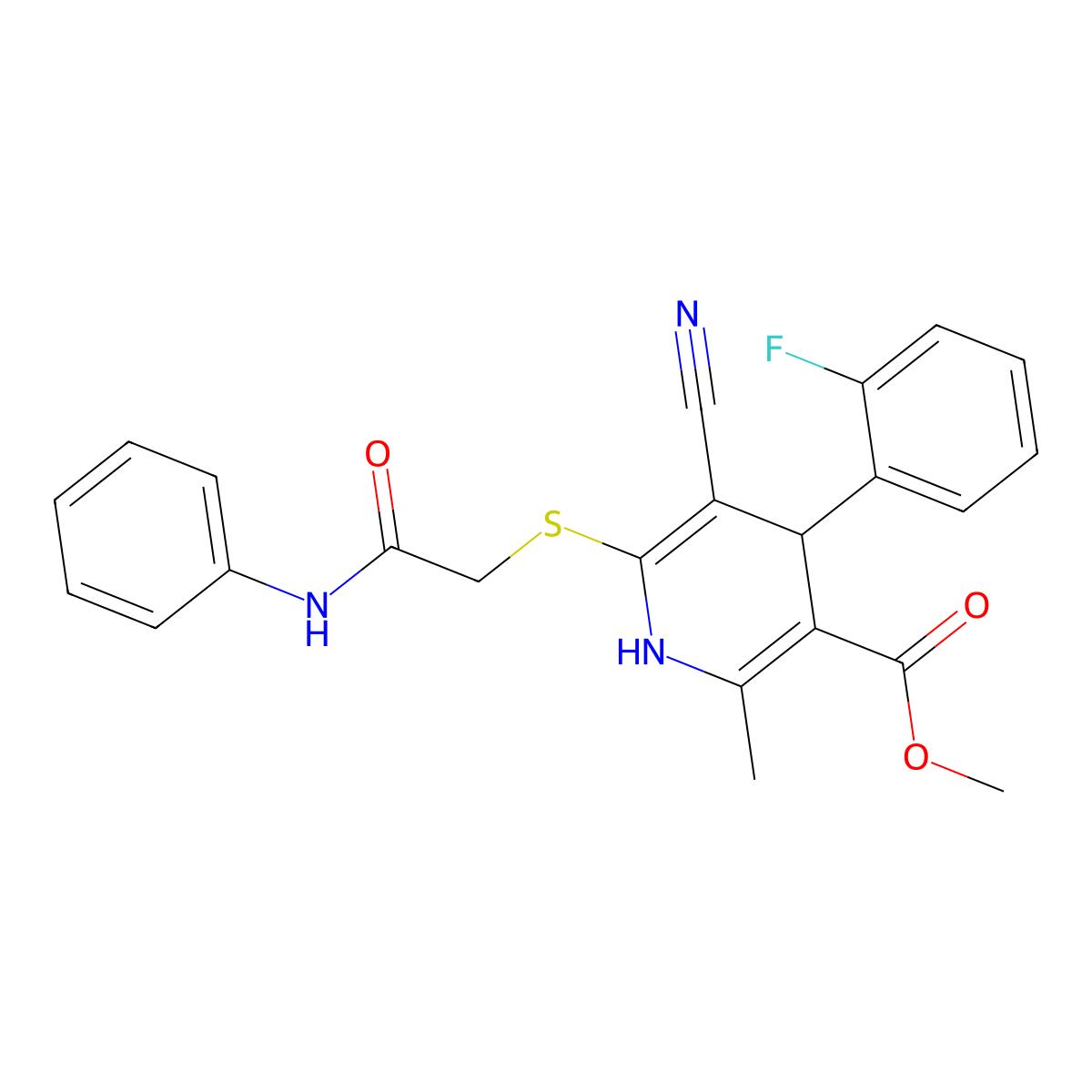 Methyl 5-cyano-4-(2-fluorophenyl)-2-methyl-6-((2-oxo-2-(phenylamino)ethyl)thio)-1,4-dihydropyridine-3-carboxylate molecular structure, CAS 684238-11-7