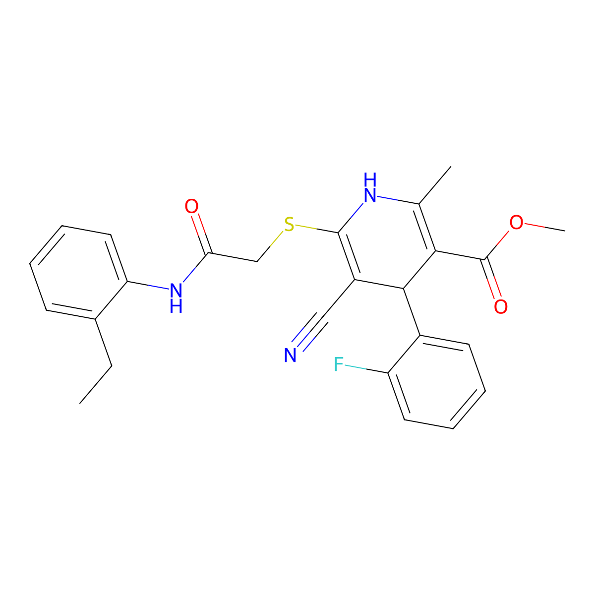 Methyl 5-cyano-6-((2-((2-ethylphenyl)amino)-2-oxoethyl)thio)-4-(2-fluorophenyl)-2-methyl-1,4-dihydropyridine-3-carboxylate molecular structure, CAS 684238-12-8