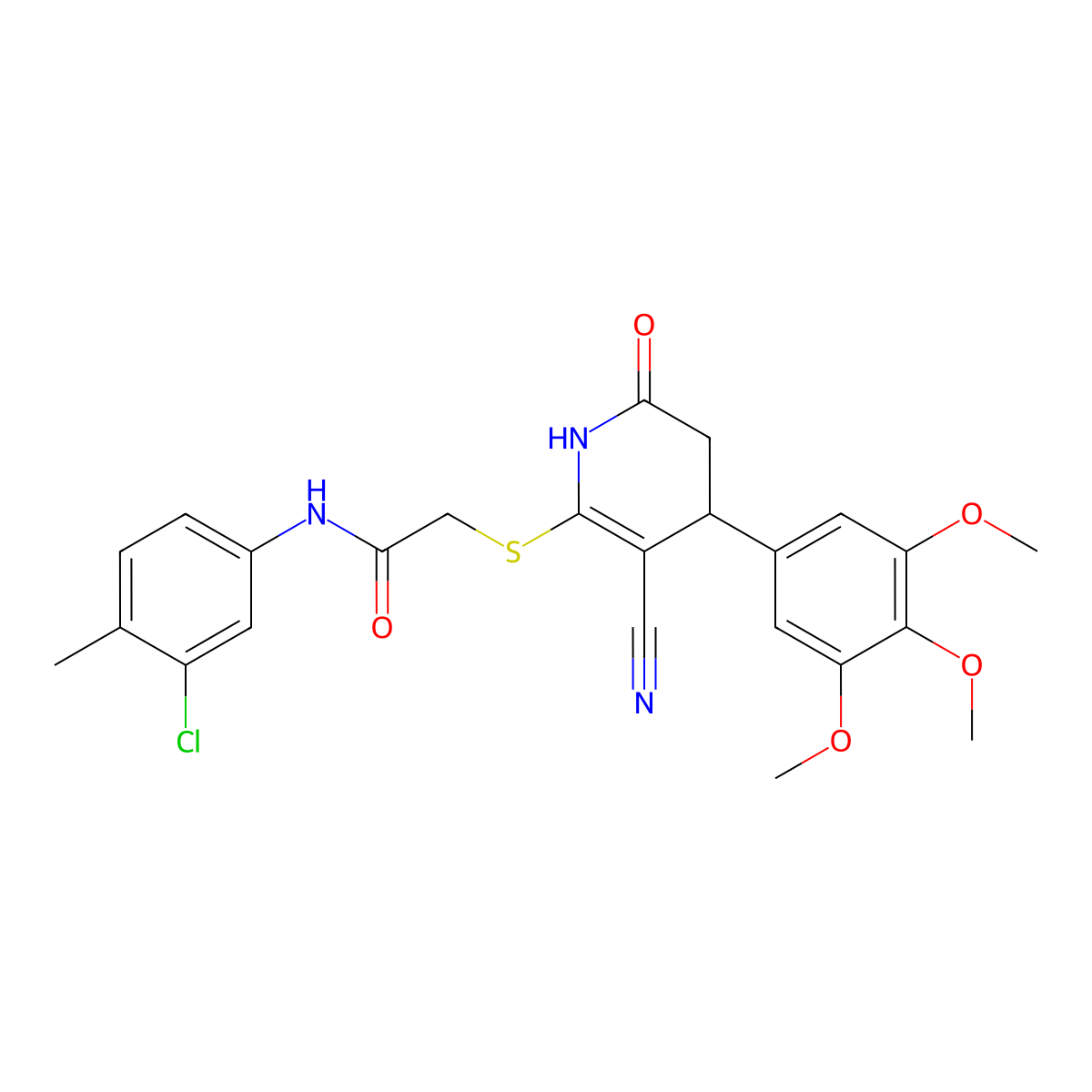 N-(3-chloro-4-methylphenyl)-2-{[3-cyano-6-oxo-4-(3,4,5-trimethoxyphenyl)-1,4,5,6-tetrahydropyridin-2-yl]sulfanyl}acetamide molecular structure, CAS 684238-15-1
