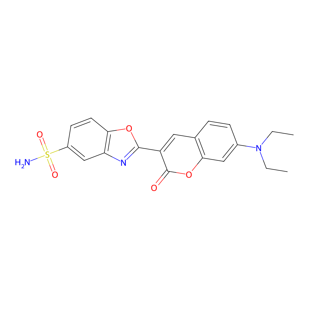 2-(7-(diethylamino)-2-oxo-2H-1-benzopyran-3-yl)benzoxazole-5-sulphonamide molecular structure, CAS 68427-35-0
