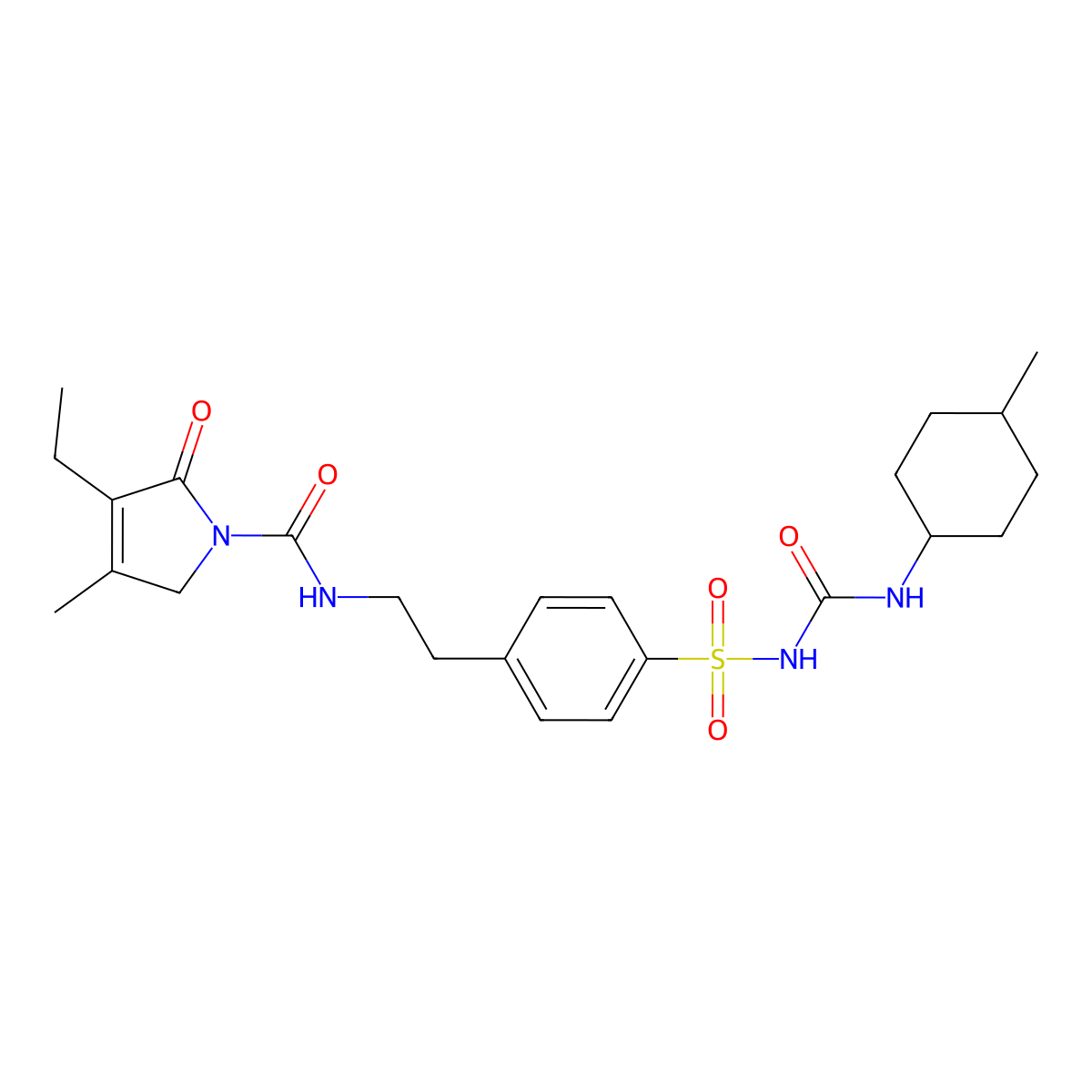 1H-Pyrrole-1-carboxamide, 3-ethyl-2,5-dihydro-4-methyl-N-2-4-(trans-4-methylcyclohexyl)aminocarbonylaminosulfonylphenylethyl-2-oxo- molecular structure, CAS 684286-46-2