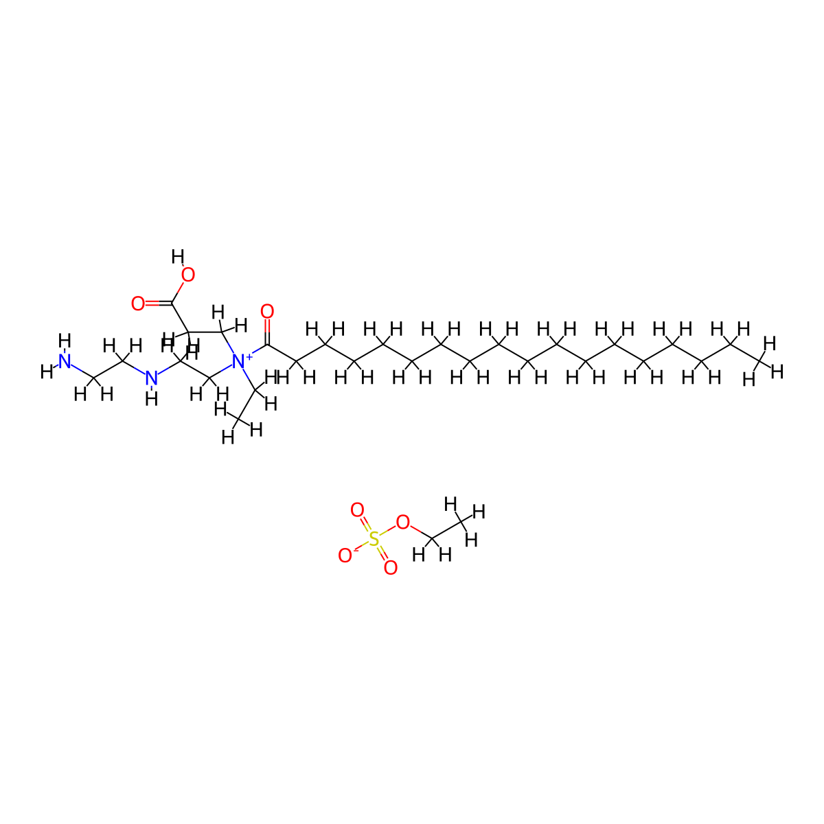 1-Octadecanaminium, N-(2-((2-aminoethyl)amino)ethyl)-N-(2-carboxyethyl)-N-ethyl-1-oxo-, ethyl sulfate (1:1) molecular structure, CAS 68459-83-6