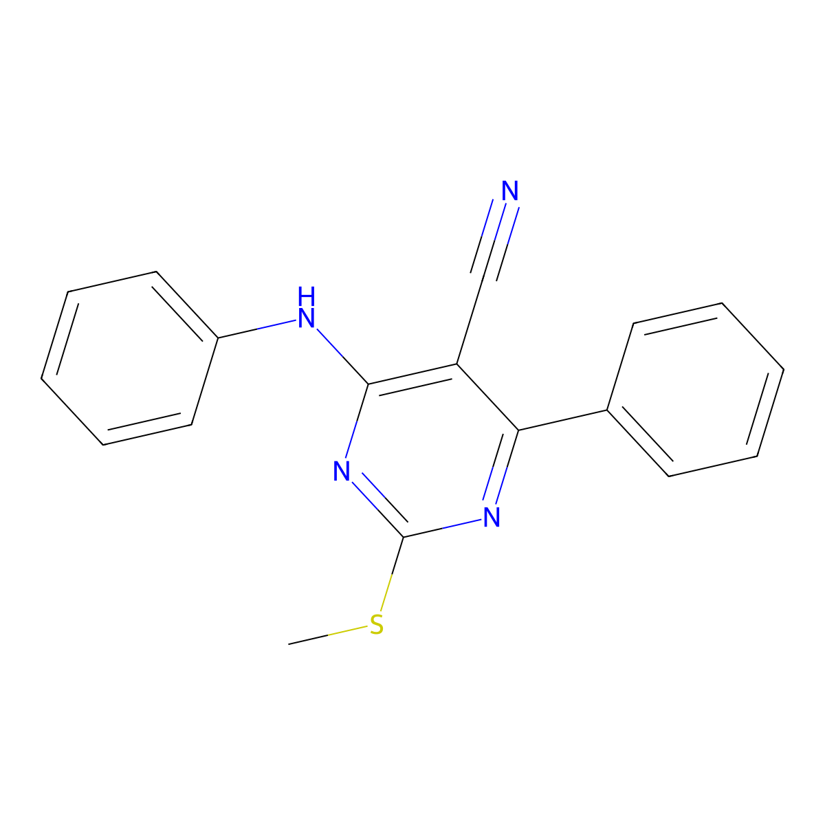 4-Anilino-2-(methylthio)-6-phenylpyrimidine-5-carbonitrile molecular structure, CAS 68473-05-2