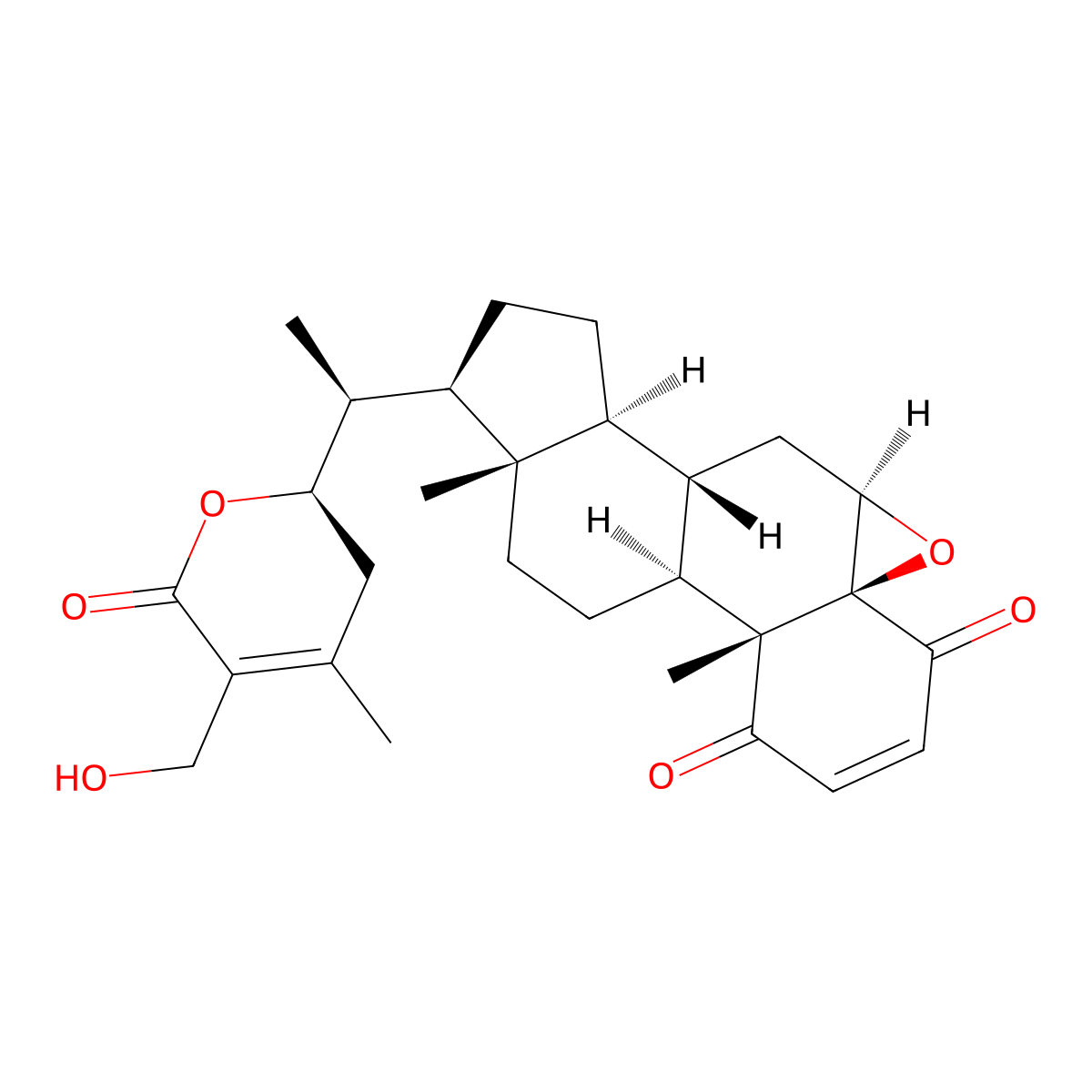 Ergosta-2,24-dien-26-oic acid, 5,6-epoxy-22,27-dihydroxy-1,4-dioxo-, delta-lactone, (5beta,6beta,22R)- molecular structure, CAS 6850-30-2