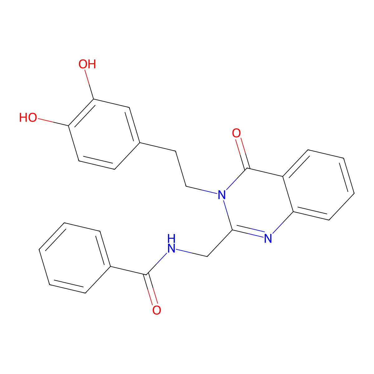 Benzamide, N-((3-(2-(3,4-dihydroxyphenyl)ethyl)-3,4-dihydro-4-oxo-2-quinazolinyl)methyl)- molecular structure, CAS 68501-50-8