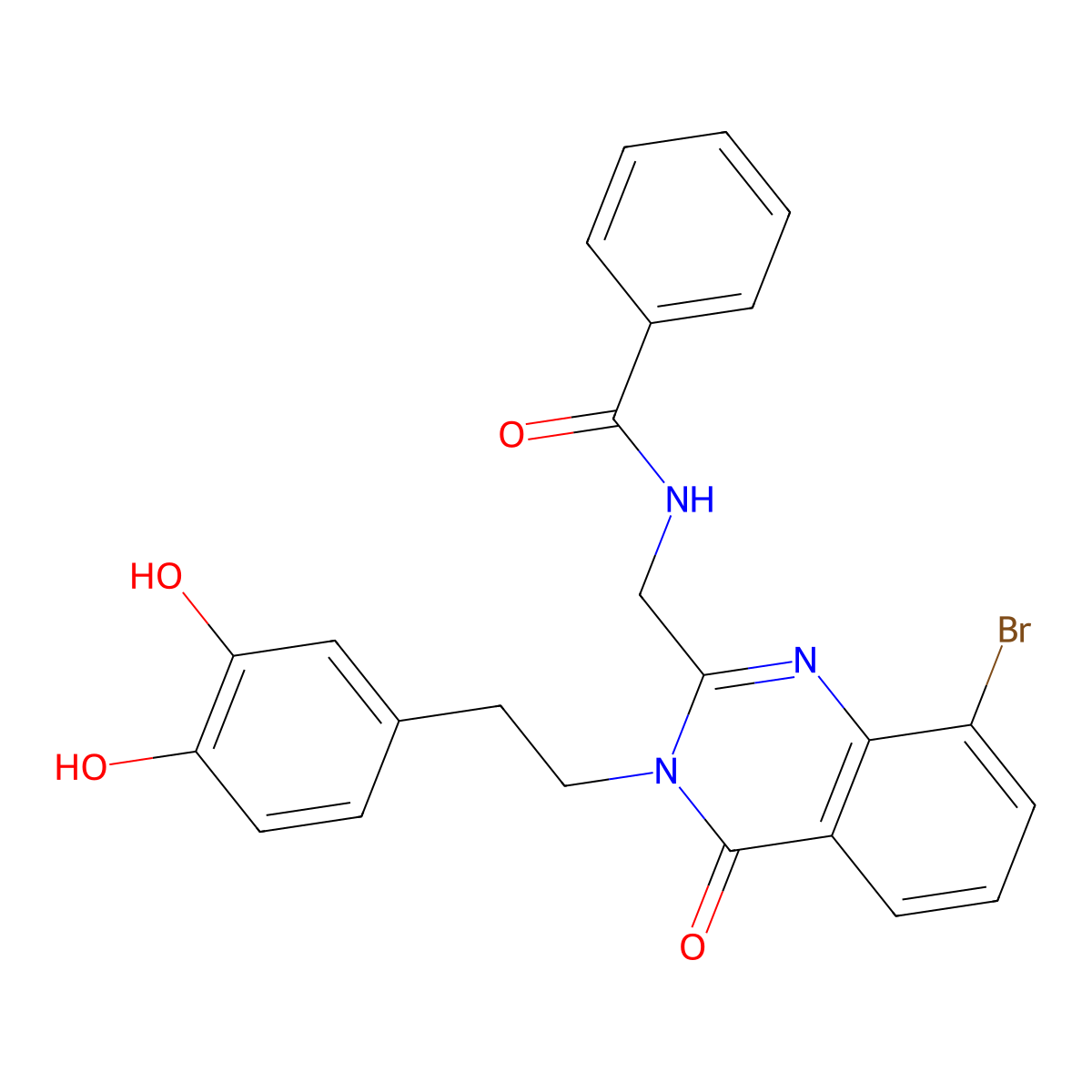 Benzamide, N-((8-bromo-3-(2-(3,4-dihydroxyphenyl)ethyl)-4-oxo-3,4-dihydro-2-quinazolinyl)methyl)- molecular structure, CAS 68501-56-4