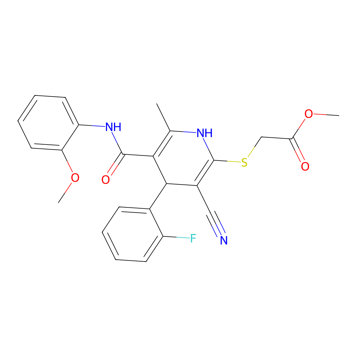Methyl ({3-cyano-4-(2-fluorophenyl)-5-[(2-methoxyphenyl)carbamoyl]-6-methyl-1,4-dihydropyridin-2-yl}sulfanyl)acetate molecular structure, CAS 685095-39-0