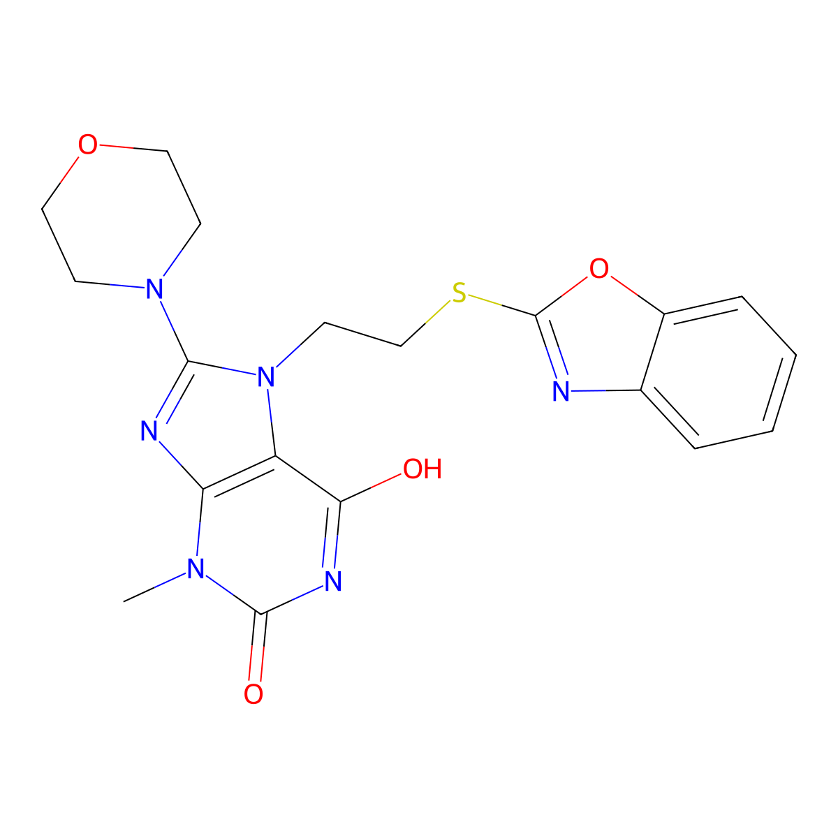 7-(2-(benzo[d]oxazol-2-ylthio)ethyl)-3-methyl-8-morpholino-1H-purine-2,6(3H,7H)-dione molecular structure, CAS 685098-05-9