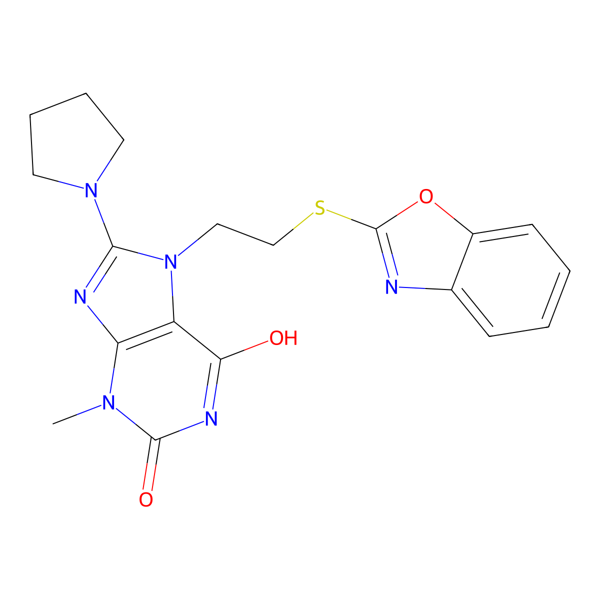 7-[2-(1,3-Benzoxazol-2-ylsulfanyl)ethyl]-3-methyl-8-pyrrolidin-1-ylpurine-2,6-dione molecular structure, CAS 685098-06-0