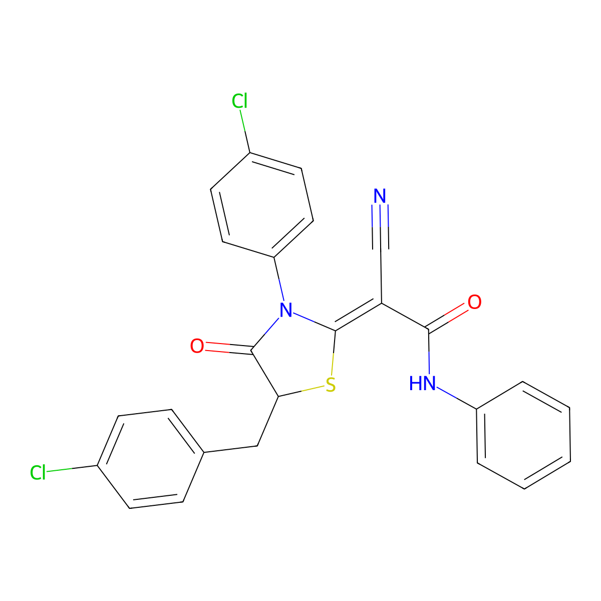 2-{3-(4-Chlorophenyl)-5-[(4-chlorophenyl)methyl]-4-oxo-1,3-thiazolidin-2-ylidene}-2-cyano-N-phenylacetamide molecular structure, CAS 6851-54-3