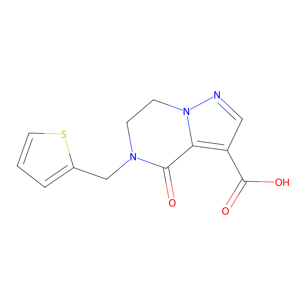 4-Oxo-5-(thiophen-2-ylmethyl)-4,5,6,7-tetrahydropyrazolo[1,5-a]pyrazine-3-carboxylic acid molecular structure, CAS 685106-60-9