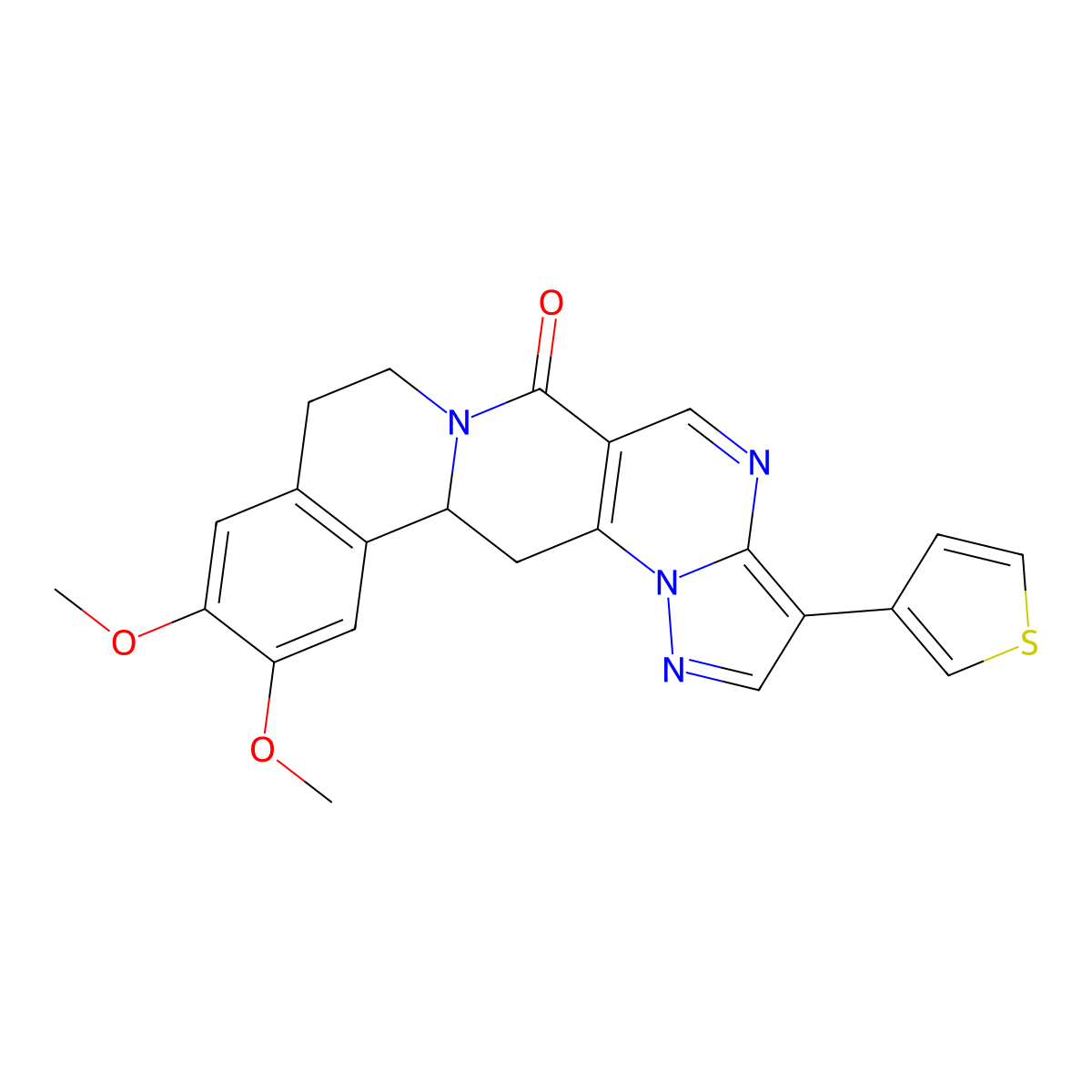 11,12-dimethoxy-3-(3-thienyl)-8,9,13b,14-tetrahydro-6H-pyrazolo[5'',1'':2',3']pyrimido[4',5':4,5]pyrido[2,1-a]isoquinolin-6-one molecular structure, CAS 685107-13-5