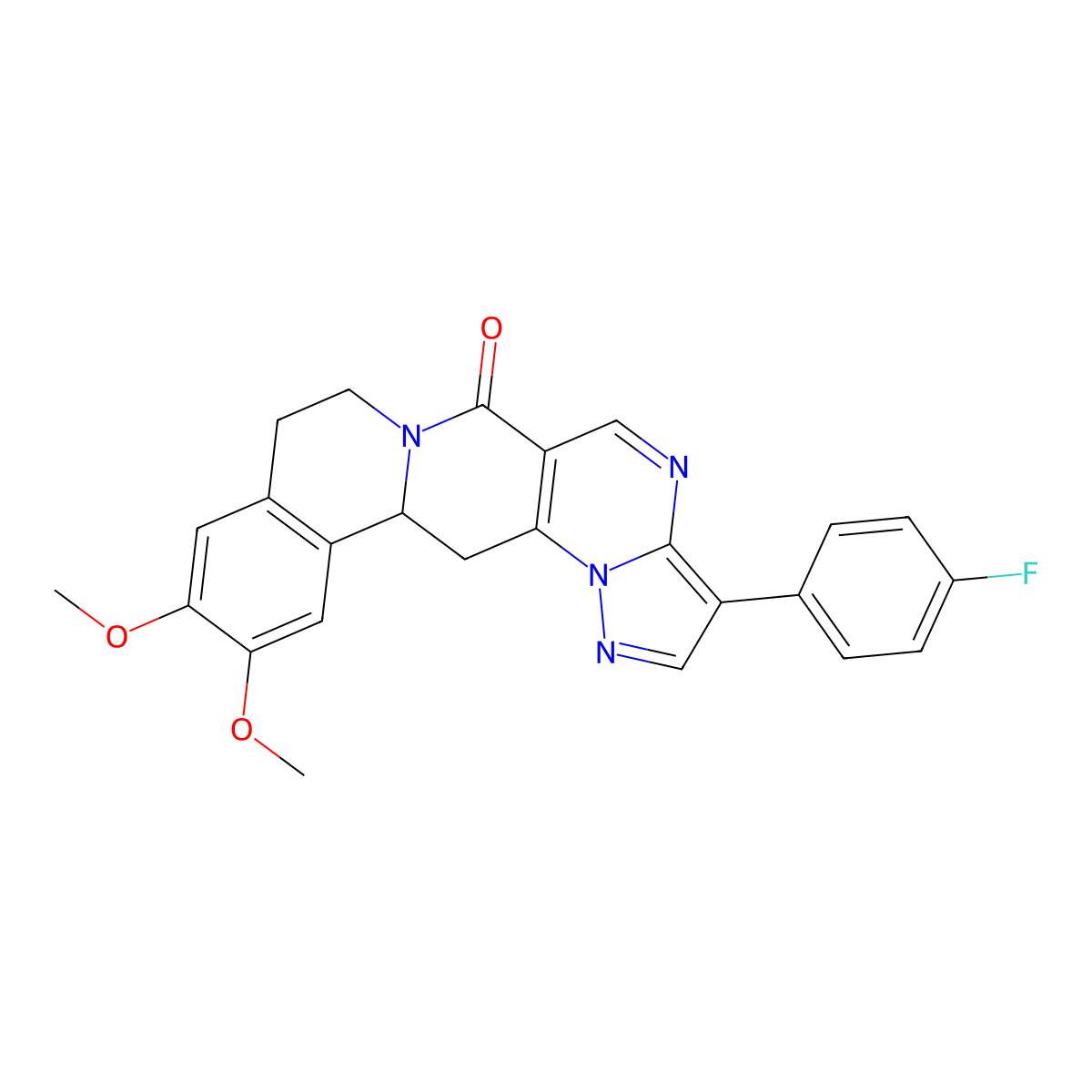 3-(4-fluorophenyl)-11,12-dimethoxy-8,9,13b,14-tetrahydro-6H-pyrazolo[5'',1'':2',3']pyrimido[4',5':4,5]pyrido[2,1-a]isoquinolin-6-one molecular structure, CAS 685107-17-9