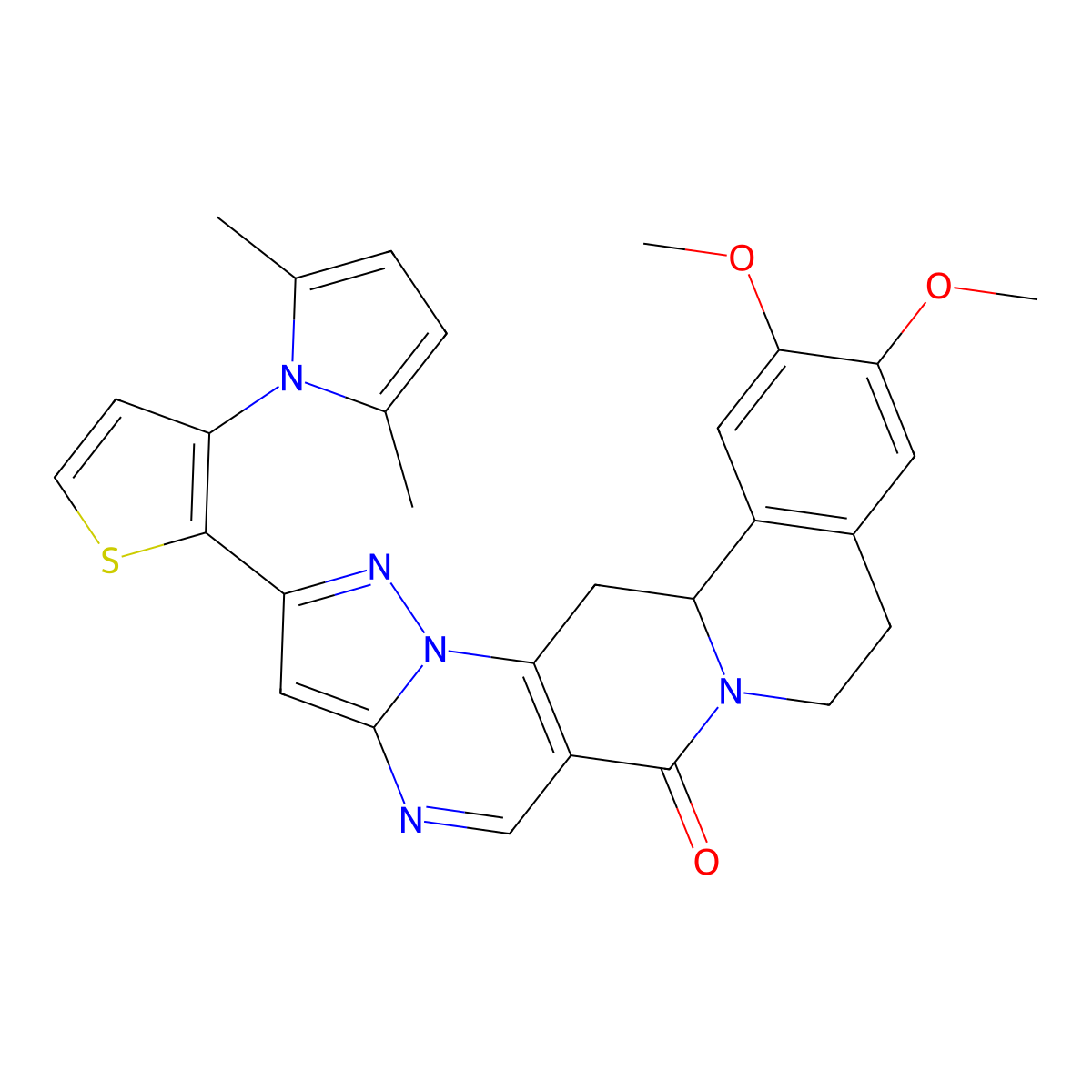 2-[3-(2,5-dimethyl-1H-pyrrol-1-yl)-2-thienyl]-11,12-dimethoxy-8,9,13b,14-tetrahydro-6H-pyrazolo[5'',1'':2',3']pyrimido[4',5':4,5]pyrido[2,1-a]isoquinolin-6-one molecular structure, CAS 685107-20-4