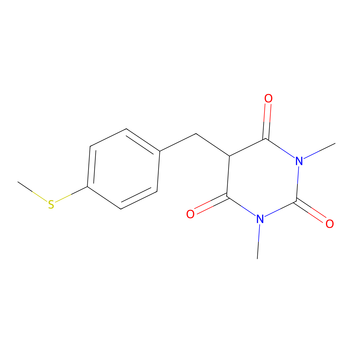 1,3-dimethyl-5-[4-(methylsulfanyl)benzyl]-2,4,6(1H,3H,5H)-pyrimidinetrione molecular structure, CAS 685107-59-9