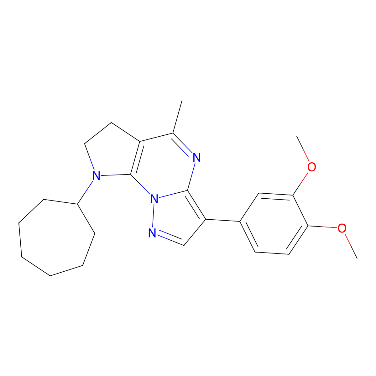 8-cycloheptyl-3-(3,4-dimethoxyphenyl)-5-methyl-7,8-dihydro-6H-pyrazolo[1,5-a]pyrrolo[3,2-e]pyrimidine molecular structure, CAS 685108-51-4