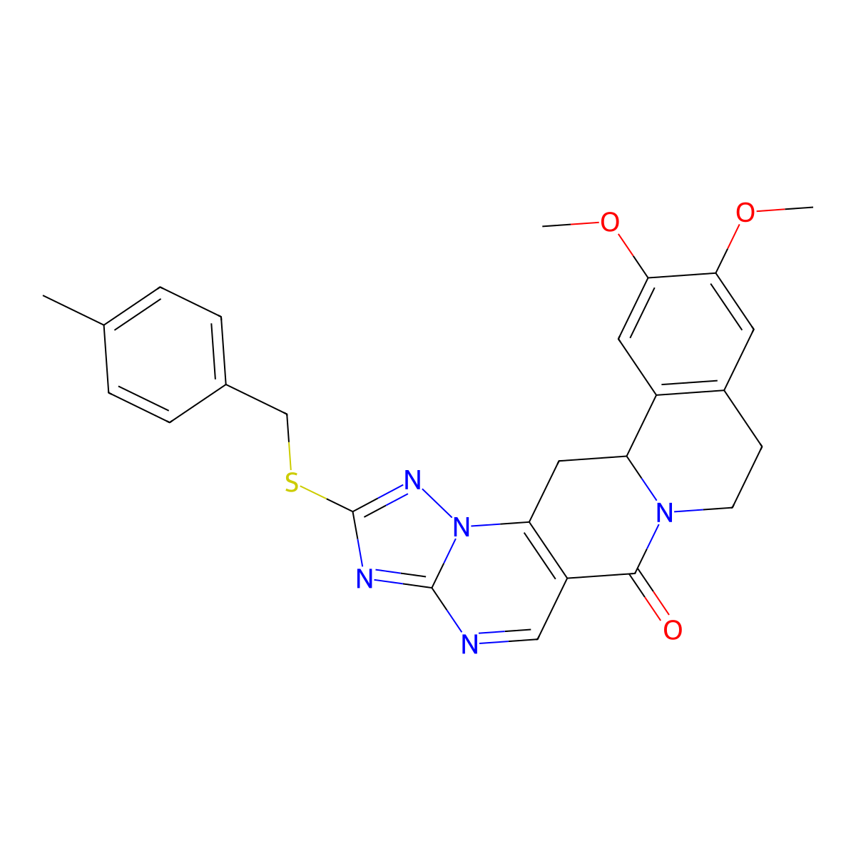 11,12-dimethoxy-2-[(4-methylbenzyl)sulfanyl]-8,9,13b,14-tetrahydro-6H-[1,2,4]triazolo[5'',1'':2',3']pyrimido[4',5':4,5]pyrido[2,1-a]isoquinolin-6-one molecular structure, CAS 685109-13-1