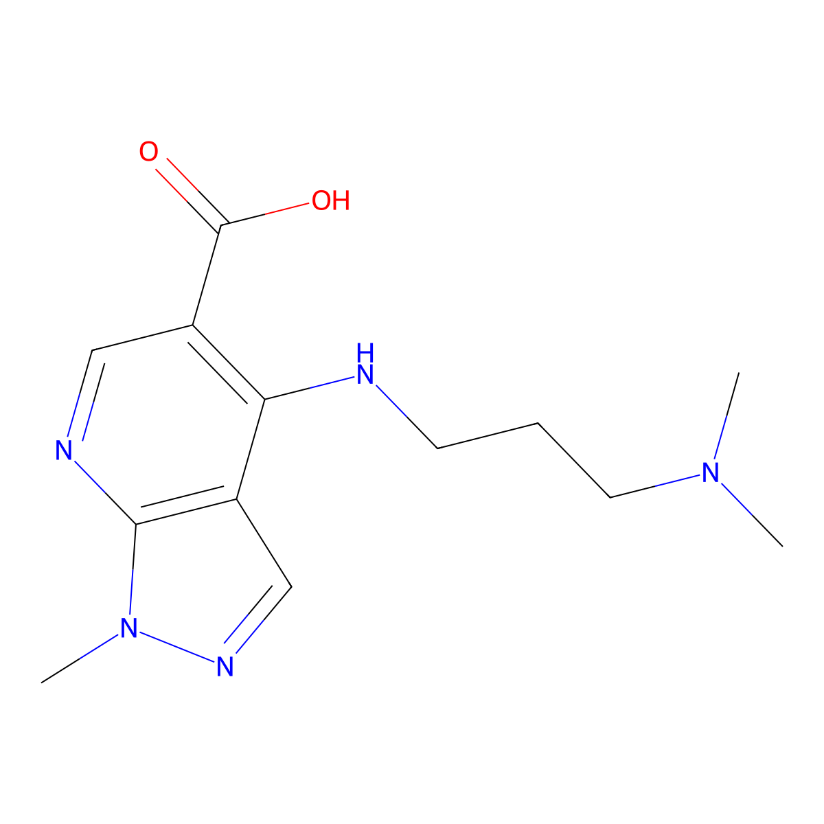 4-{[3-(dimethylamino)propyl]amino}-1-methyl-1H-pyrazolo[3,4-b]pyridine-5-carboxylic acid molecular structure, CAS 685109-23-3