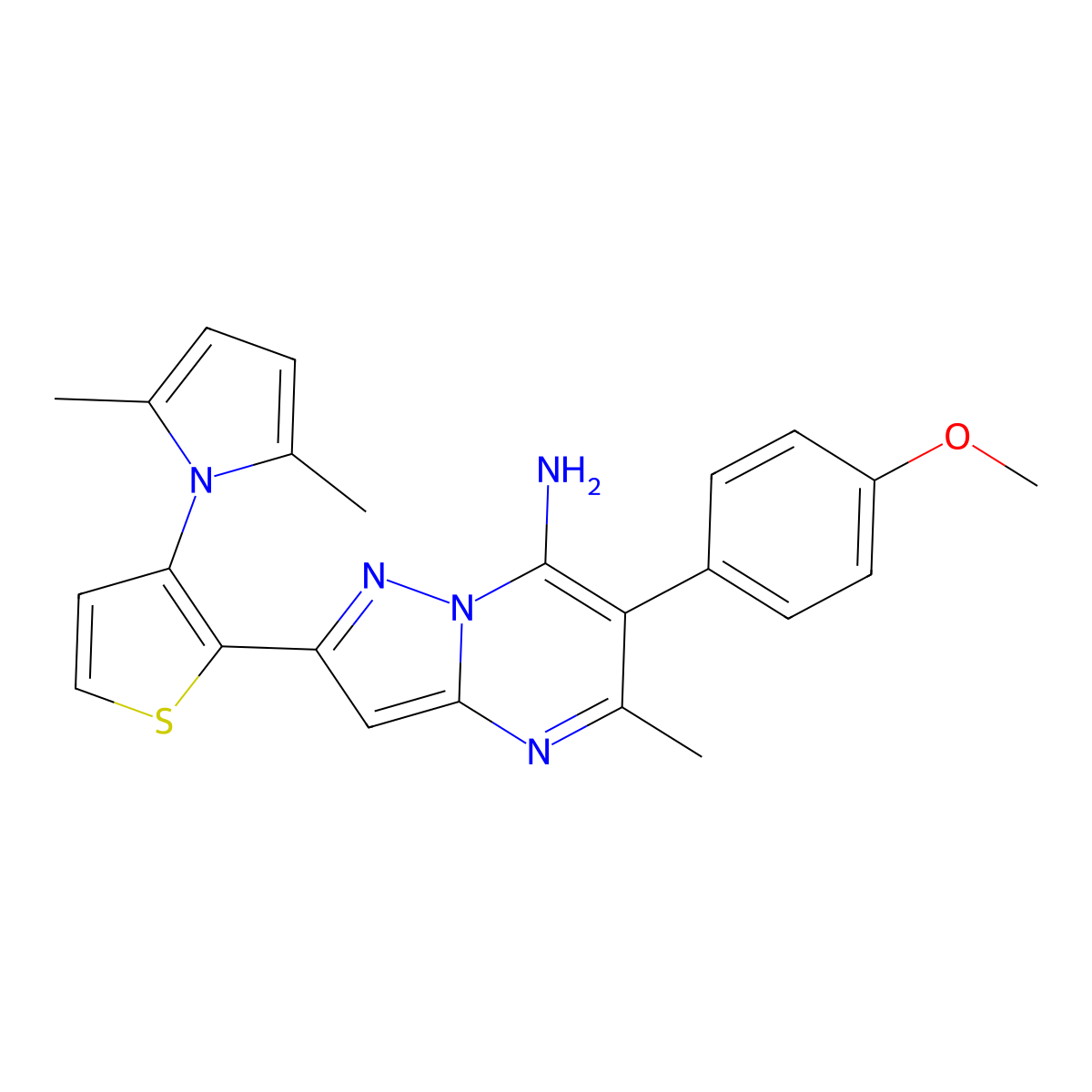 2-[3-(2,5-dimethyl-1H-pyrrol-1-yl)-2-thienyl]-6-(4-methoxyphenyl)-5-methylpyrazolo[1,5-a]pyrimidin-7-amine molecular structure, CAS 685109-44-8