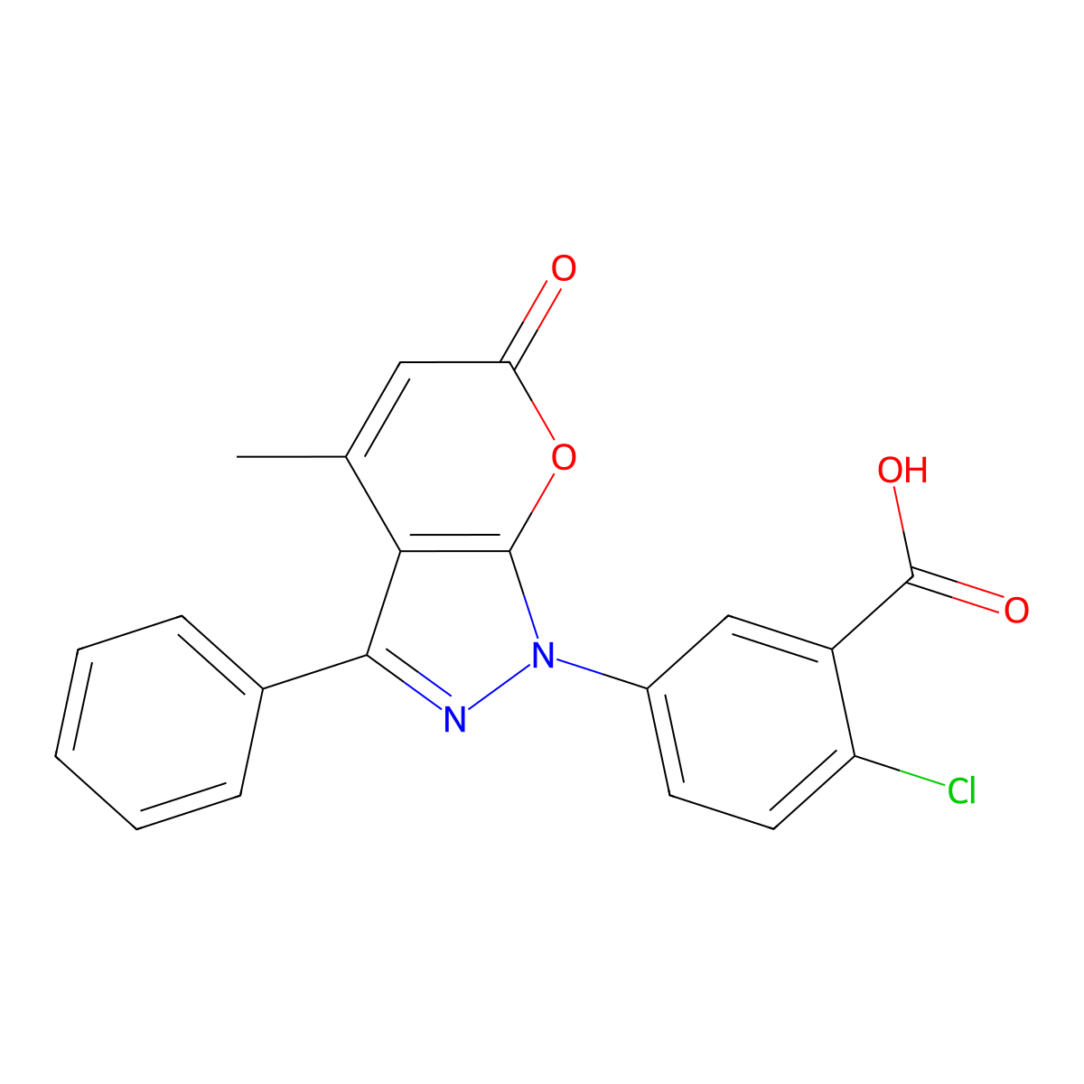 2-chloro-5-(4-methyl-6-oxo-3-phenylpyrano[2,3-c]pyrazol-1(6H)-yl)benzoic acid molecular structure, CAS 685118-17-6