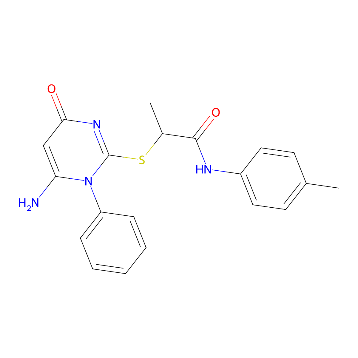 2-(6-amino-4-oxo-1-phenylpyrimidin-2-yl)sulfanyl-N-(4-methylphenyl)propanamide molecular structure, CAS 685121-65-7