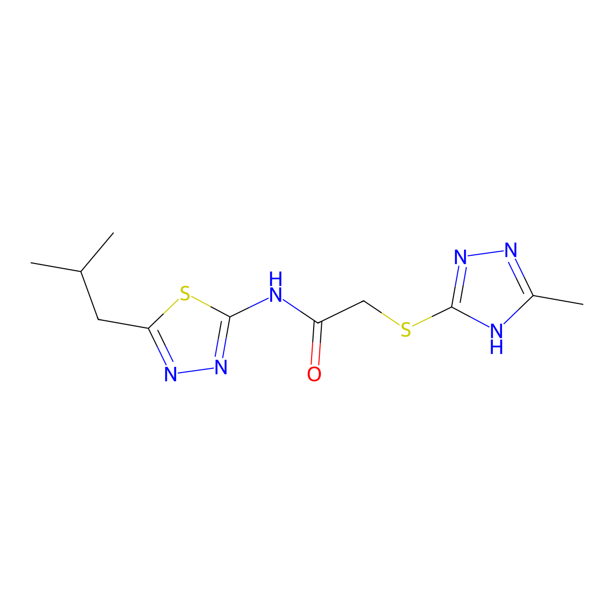 N-(5-isobutyl-1,3,4-thiadiazol-2-yl)-2-((5-methyl-4H-1,2,4-triazol-3-yl)thio)acetamide molecular structure, CAS 685121-68-0