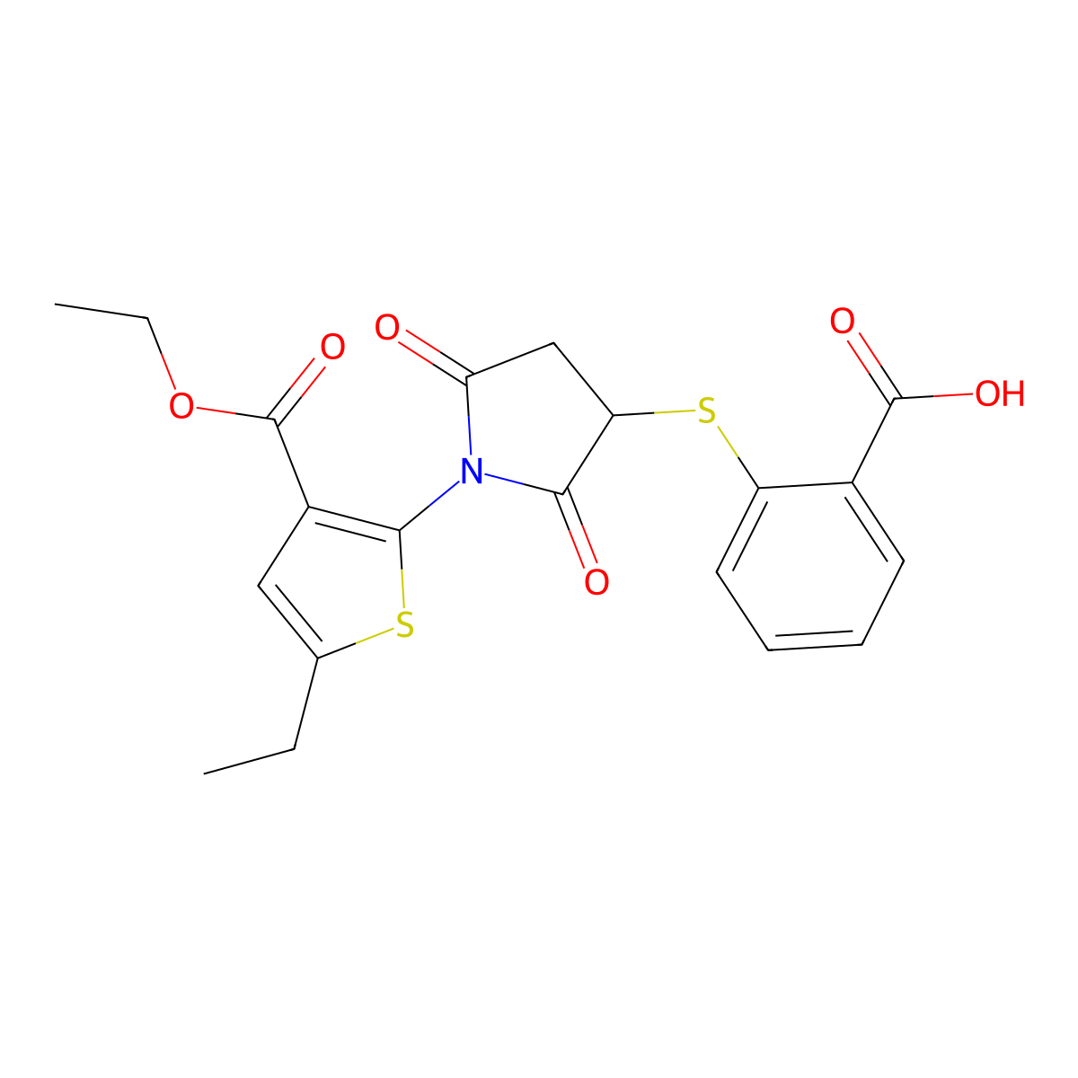 2-({1-[3-(Ethoxycarbonyl)-5-ethyl-2-thienyl]-2,5-dioxo-3-pyrrolidinyl}thio)benzoic acid molecular structure, CAS 685130-29-4