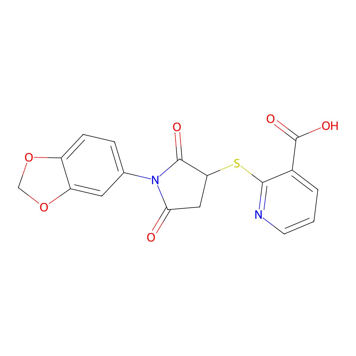 2-((1-(Benzo[d][1,3]dioxol-5-yl)-2,5-dioxopyrrolidin-3-yl)thio)nicotinic acid molecular structure, CAS 685130-32-9