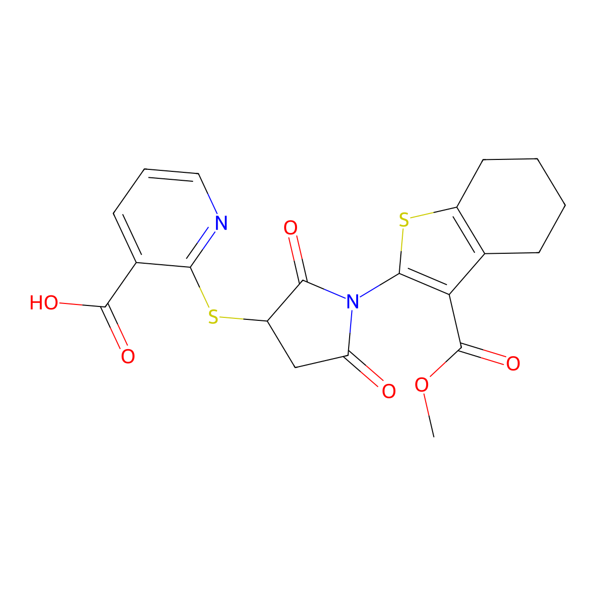 2-({1-[3-(Methoxycarbonyl)-4,5,6,7-tetrahydro-1-benzothiophen-2-yl]-2,5-dioxopyrrolidin-3-yl}sulfanyl)pyridine-3-carboxylic acid molecular structure, CAS 685130-33-0