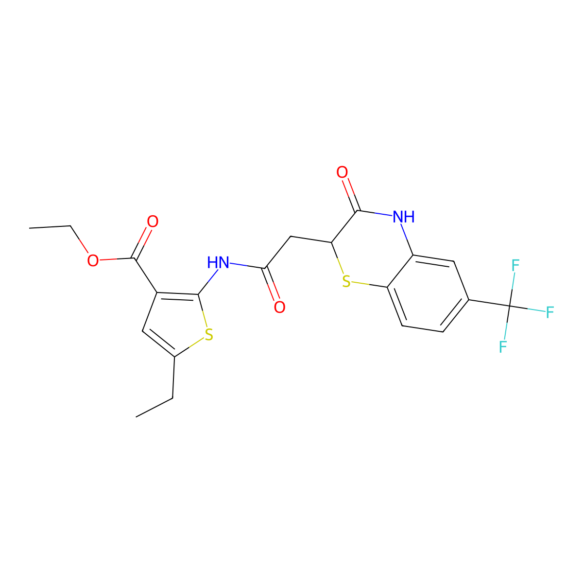 ethyl 5-ethyl-2-({[3-oxo-6-(trifluoromethyl)-3,4-dihydro-2H-1,4-benzothiazin-2-yl]acetyl}amino)-3-thiophenecarboxylate molecular structure, CAS 685130-39-6