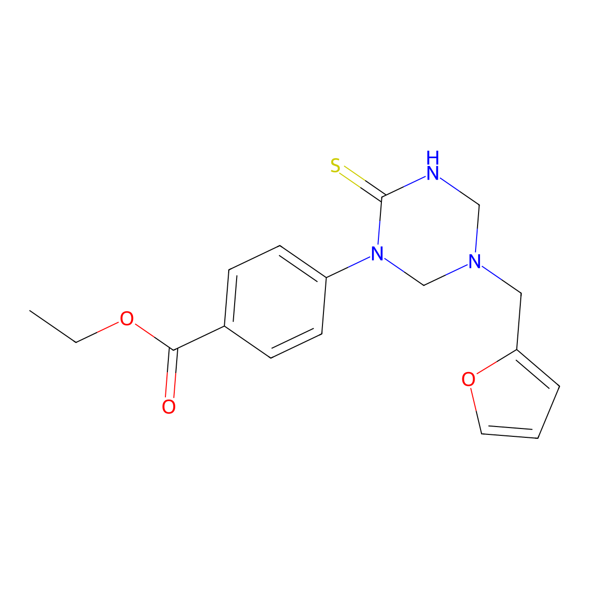 Ethyl 4-(5-(furan-2-ylmethyl)-2-thioxo-1,3,5-triazinan-1-yl)benzoate molecular structure, CAS 685130-65-8