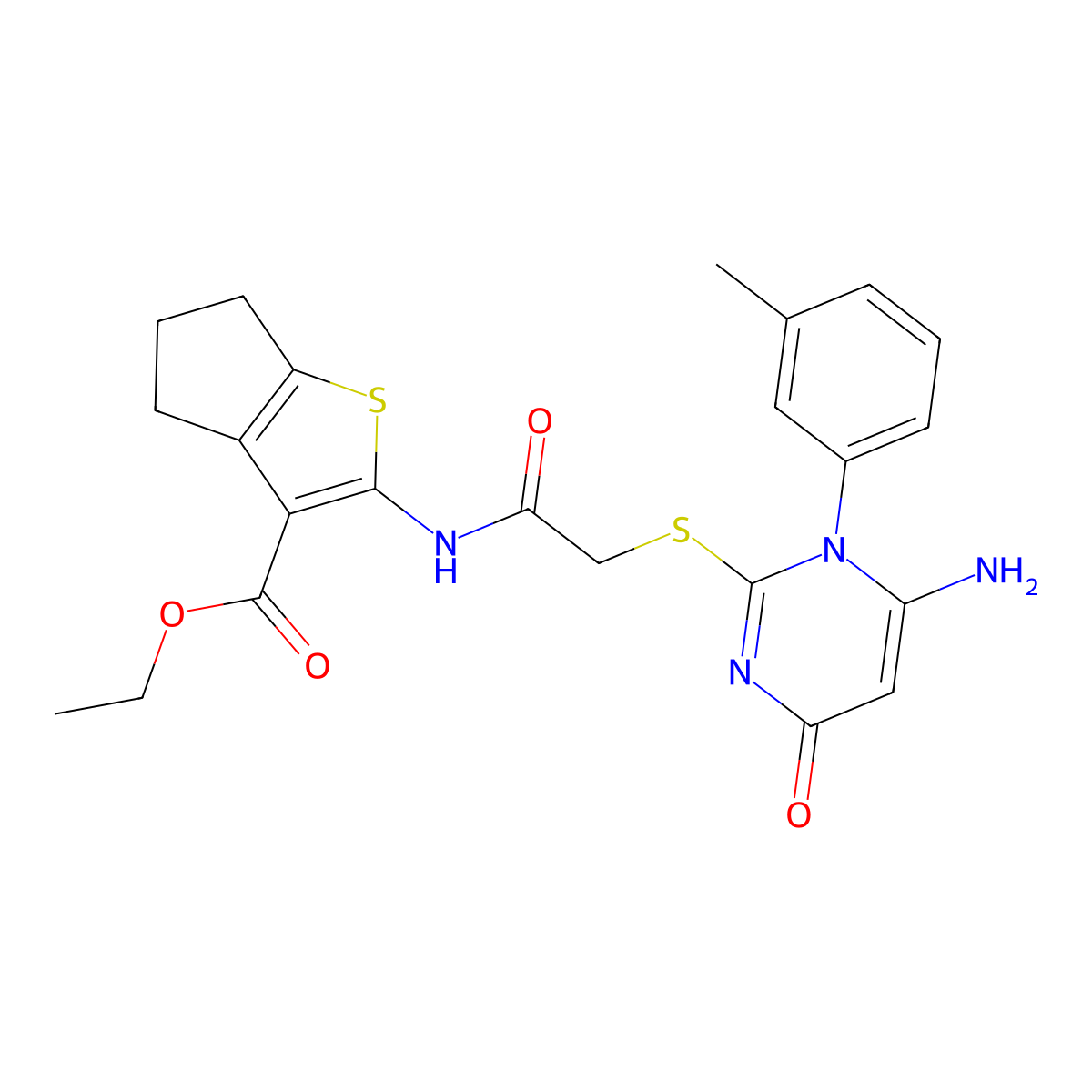 ethyl 2-[({[6-amino-1-(3-methylphenyl)-4-oxo-1,4-dihydropyrimidin-2-yl]sulfanyl}acetyl)amino]-5,6-dihydro-4H-cyclopenta[b]thiophene-3-carboxylate molecular structure, CAS 685132-16-5