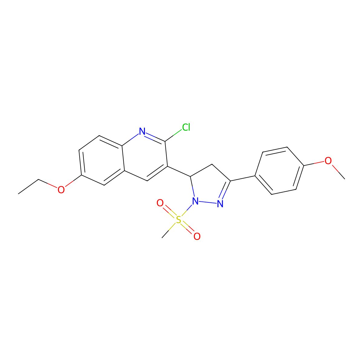 2-Chloro-6-ethoxy-3-[5-(4-methoxyphenyl)-2-methylsulfonyl-3,4-dihydropyrazol-3-yl]quinoline molecular structure, CAS 685135-40-4