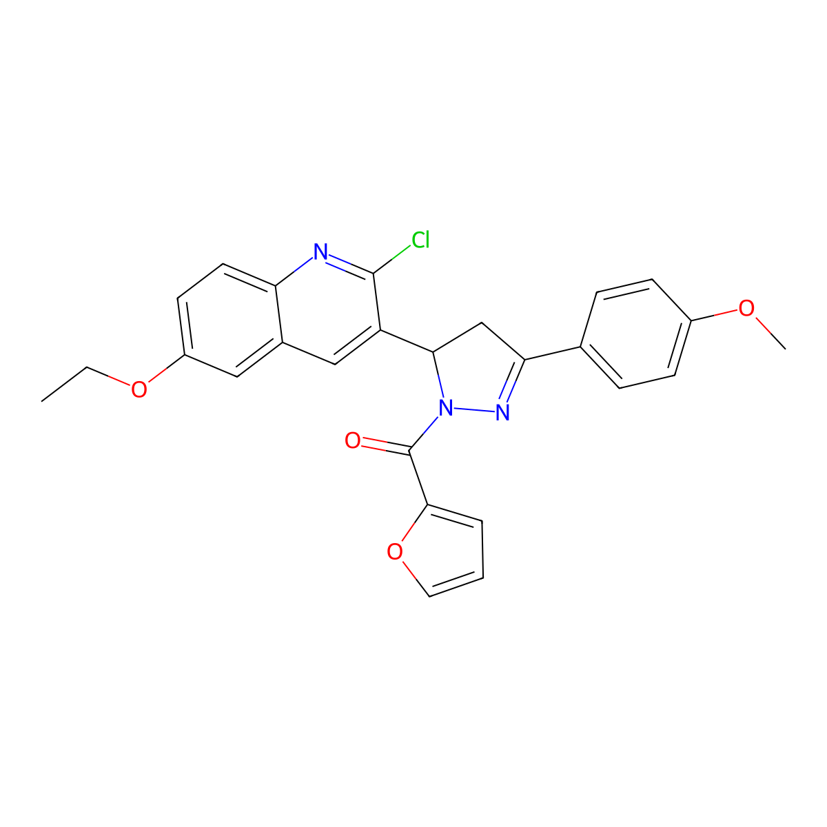 (5-(2-chloro-6-ethoxyquinolin-3-yl)-3-(4-methoxyphenyl)-4,5-dihydro-1H-pyrazol-1-yl)(furan-2-yl)methanone molecular structure, CAS 685135-41-5