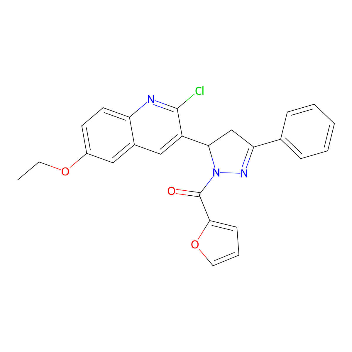 (5-(2-chloro-6-ethoxyquinolin-3-yl)-3-phenyl-4,5-dihydro-1H-pyrazol-1-yl)(furan-2-yl)methanone molecular structure, CAS 685135-46-0