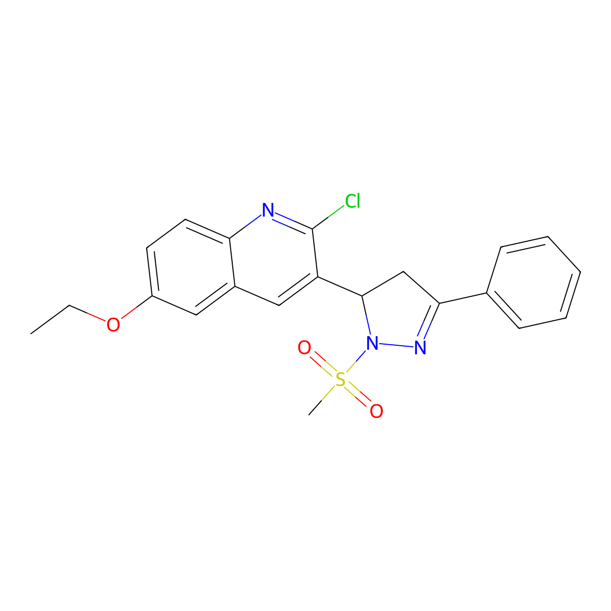 2-chloro-6-ethoxy-3-(1-(methylsulfonyl)-3-phenyl-4,5-dihydro-1H-pyrazol-5-yl)quinoline molecular structure, CAS 685135-49-3