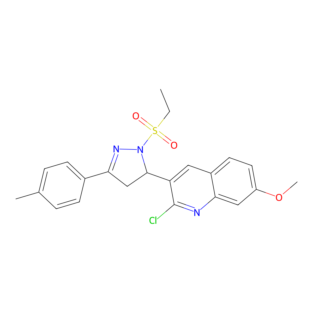 2-chloro-3-(1-(ethylsulfonyl)-3-(p-tolyl)-4,5-dihydro-1H-pyrazol-5-yl)-7-methoxyquinoline molecular structure, CAS 685135-51-7