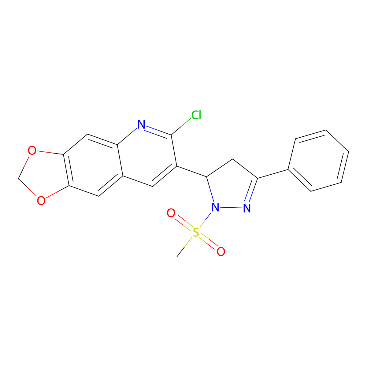 6-chloro-7-(1-(methylsulfonyl)-3-phenyl-4,5-dihydro-1H-pyrazol-5-yl)-[1,3]dioxolo[4,5-g]quinoline molecular structure, CAS 685135-53-9