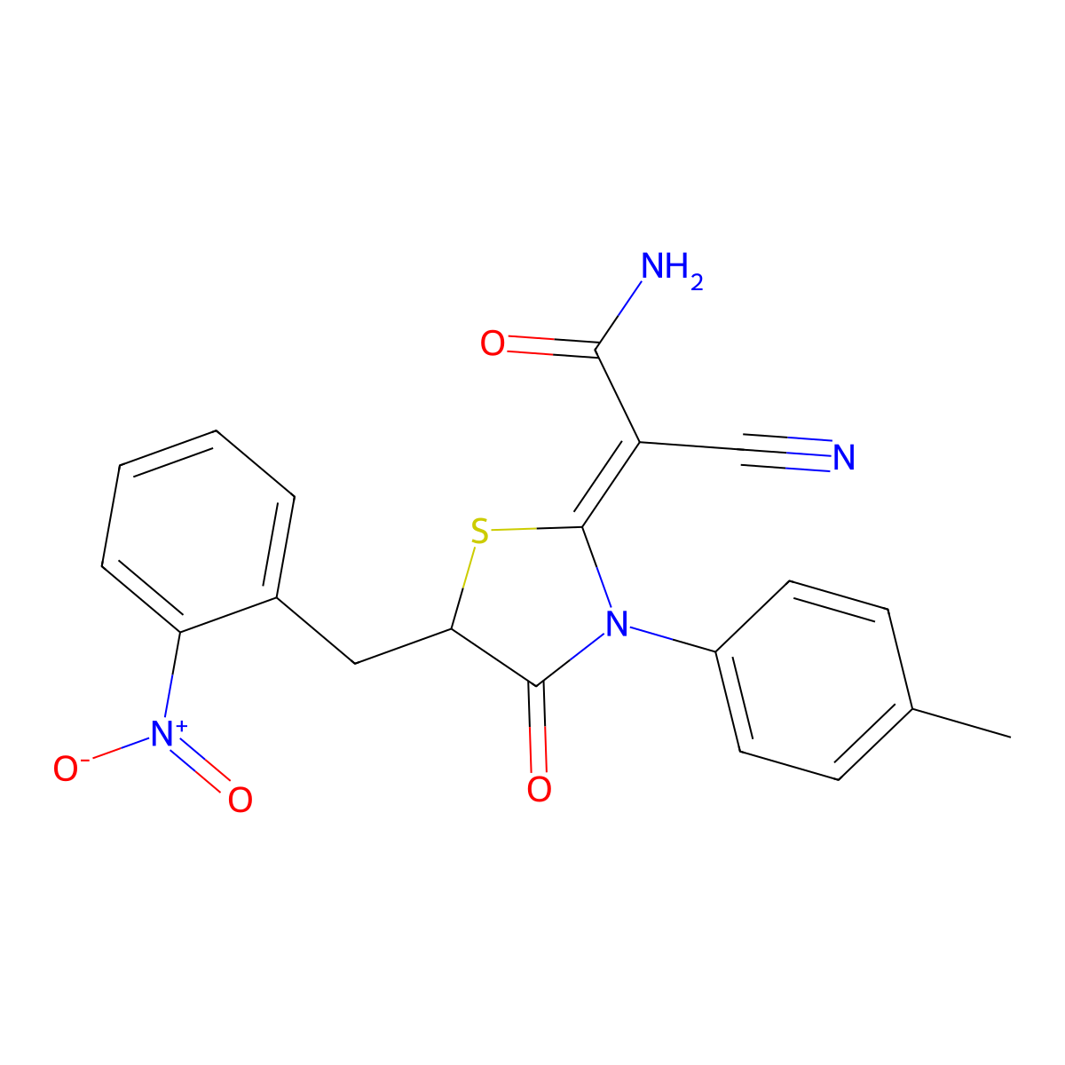 2-Cyano-2-{3-(4-methylphenyl)-5-[(2-nitrophenyl)methyl]-4-oxo-1,3-thiazolidin-2-ylidene}acetamide molecular structure, CAS 6853-77-6