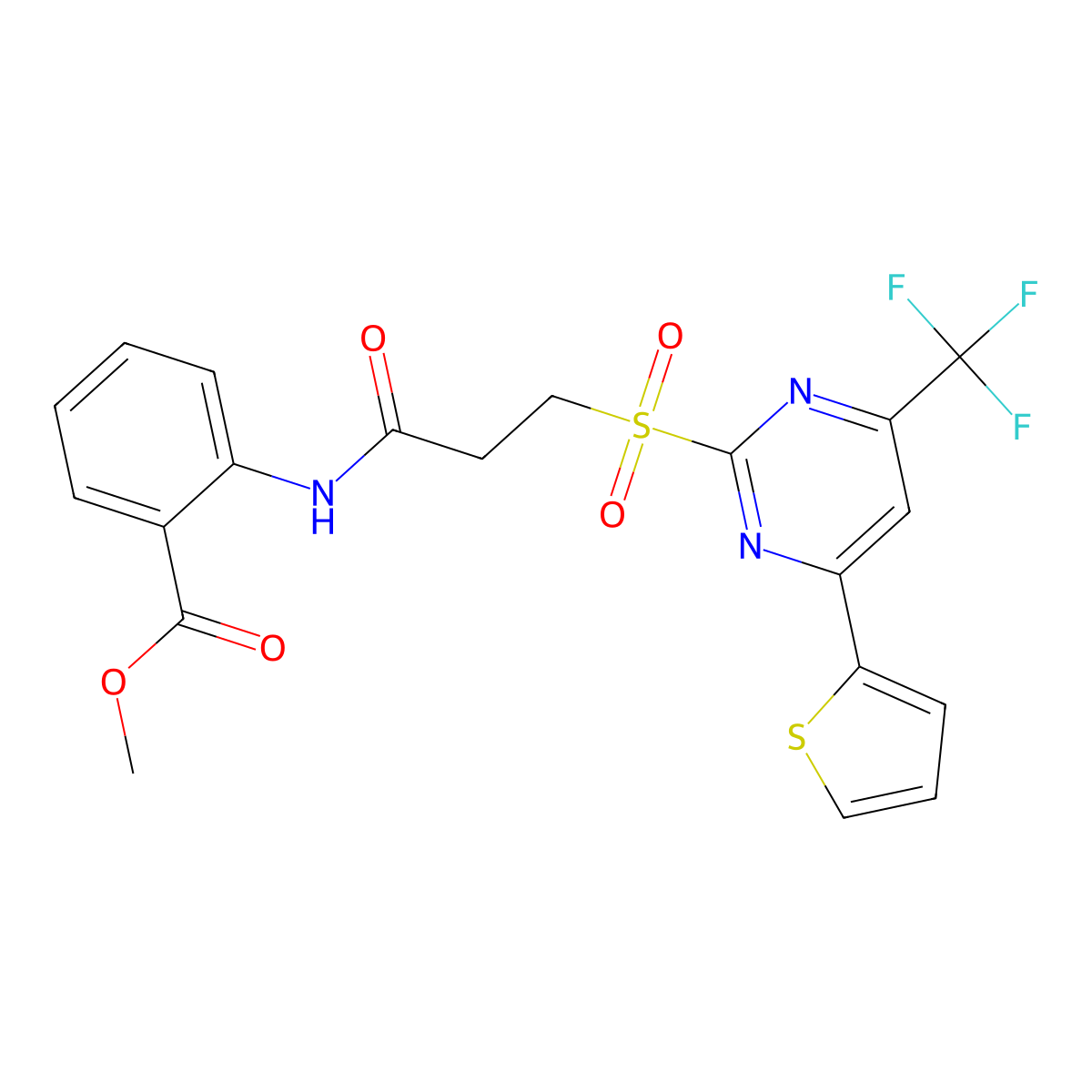 Methyl 2-[3-[4-thiophen-2-yl-6-(trifluoromethyl)pyrimidin-2-yl]sulfonylpropanoylamino]benzoate molecular structure, CAS 685526-19-6