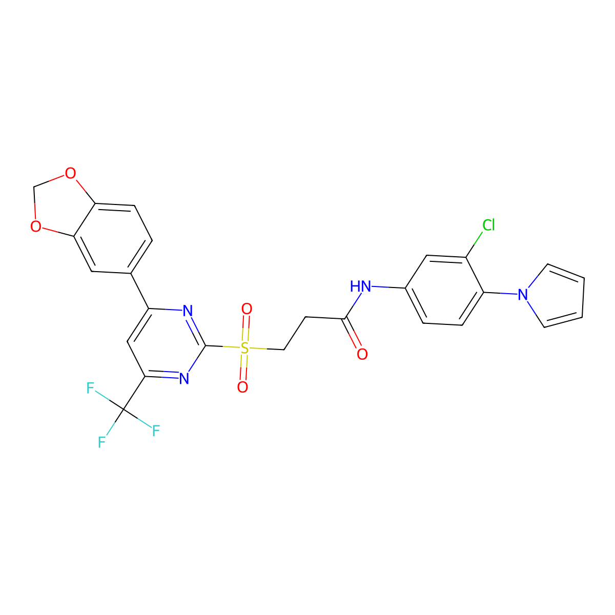 3-((4-(Benzo[d][1,3]dioxol-5-yl)-6-(trifluoromethyl)pyrimidin-2-yl)sulfonyl)-N-(3-chloro-4-(1H-pyrrol-1-yl)phenyl)propanamide molecular structure, CAS 685526-59-4