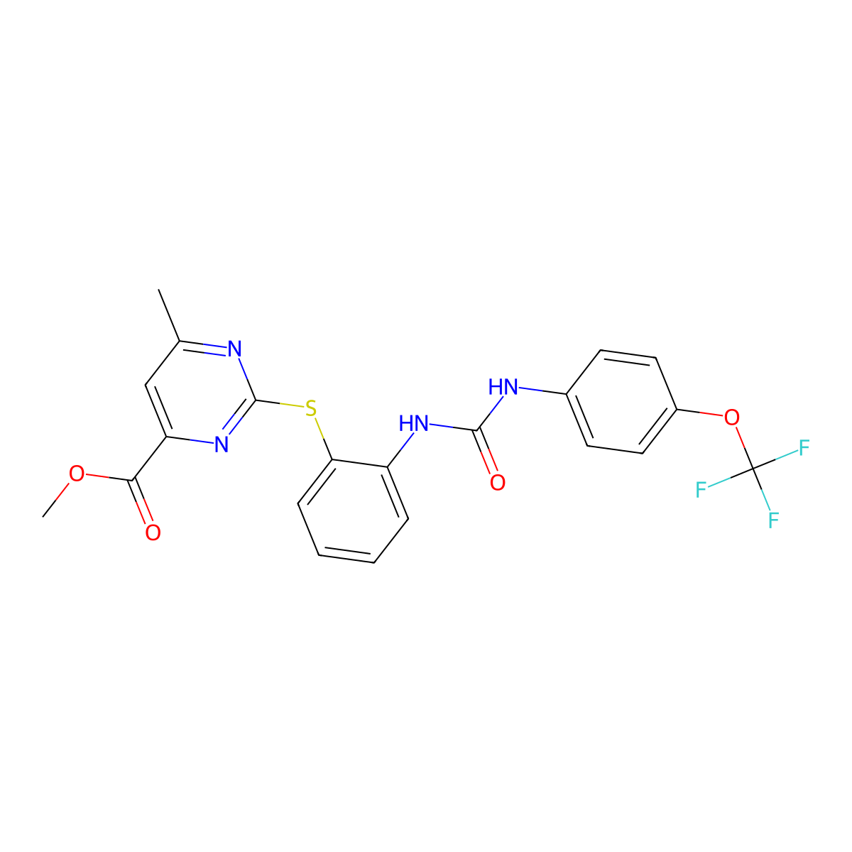 Methyl 6-methyl-2-((2-(3-(4-(trifluoromethoxy)phenyl)ureido)phenyl)thio)pyrimidine-4-carboxylate molecular structure, CAS 685542-65-8