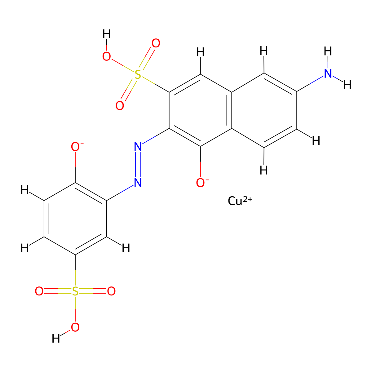 Cuprate(2-), (7-amino-4-(hydroxy-kappaO)-3-(2-(2-(hydroxy-kappaO)-5-sulfophenyl)diazenyl-kappaN1)-2-naphthalenesulfonato(4-))-, hydrogen (1:2) molecular structure, CAS 68555-96-4
