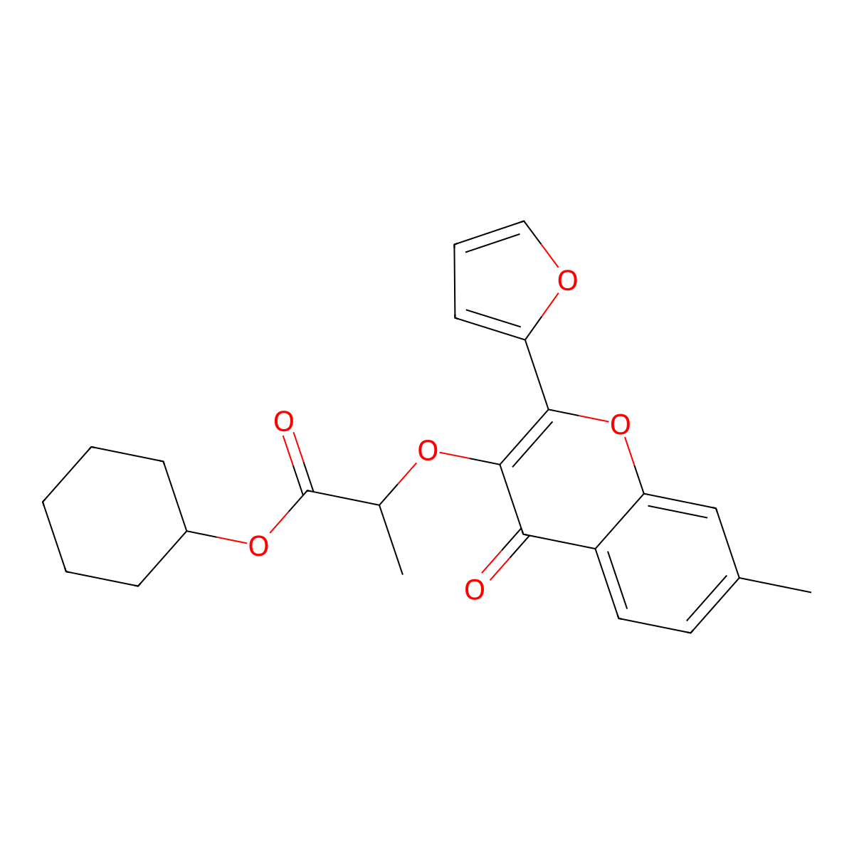 Cyclohexyl 2-{[2-(furan-2-yl)-7-methyl-4-oxo-4H-1-benzopyran-3-yl]oxy}propanoate molecular structure, CAS 6856-93-5