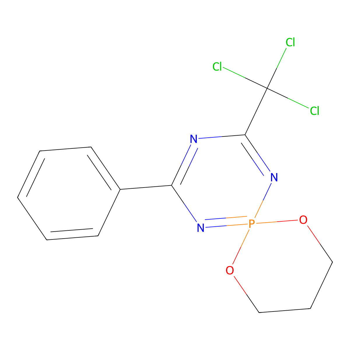 2-Phenyl-4-(trichloromethyl)-7,11-dioxa-1,3,5-triaza-6lambda~5~-phosphaspiro[5.5]undeca-1,3,5-triene molecular structure, CAS 68577-59-3
