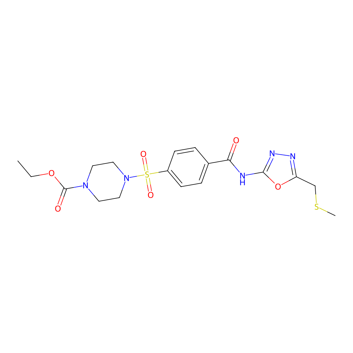 Ethyl 4-((4-((5-((methylthio)methyl)-1,3,4-oxadiazol-2-yl)carbamoyl)phenyl)sulfonyl)piperazine-1-carboxylate molecular structure, CAS 685837-40-5
