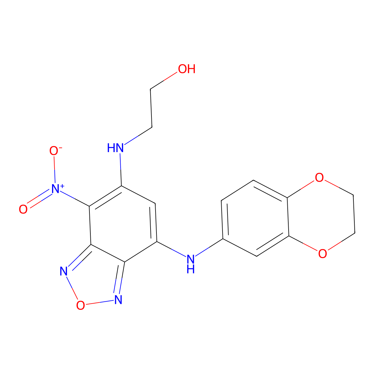 2-((7-((2,3-Dihydrobenzo[b][1,4]dioxin-6-yl)amino)-4-nitrobenzo[c][1,2,5]oxadiazol-5-yl)amino)ethanol molecular structure, CAS 685841-16-1